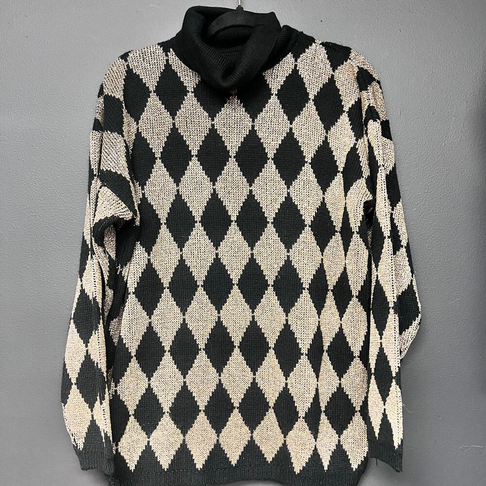 vintage women's LG 1980's harlequin black gold metallic cowl neck tunic sweater
